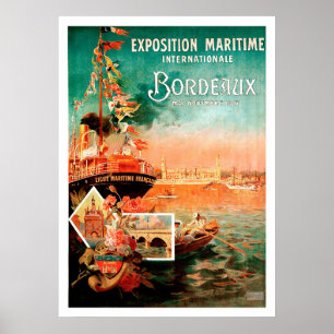 Affiche Port de la ville de Bordeaux, France, bateau touri