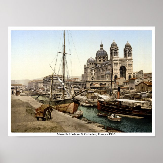 Affiche Port de Marseilles & Cathédrale 1900 antique Franc (Devant)