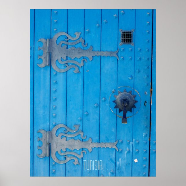 Affiche Porte en bois bleu traditionnel en Tunisie (Devant)