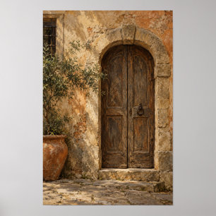 Affiche Porte en bois rustique arquée et mur en pierre Art