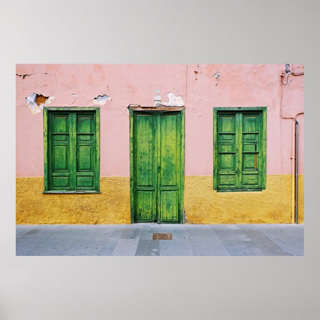 AFFICHE PORTE EN BOIS VERT SUR MUR EN BÉTON BLANC (Devant)