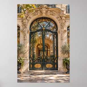 Affiche Porte en fer forgé orné et mur en pierre avec arch