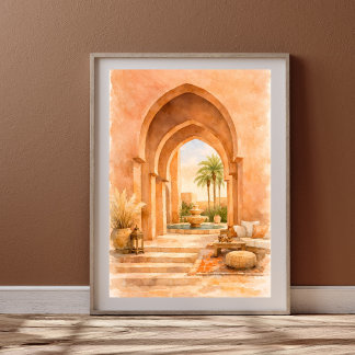 Affiche Porte marocaine en aquarelle Riad avec fontaine