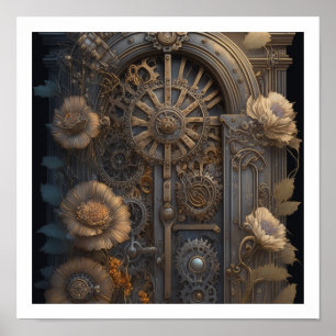 Affiche Porte Steampunk avec Fleurs