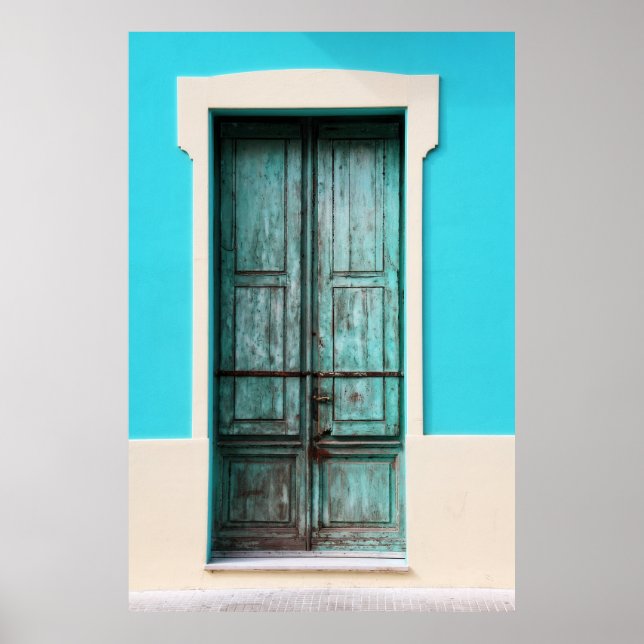 AFFICHE PORTE TURQUOISE EN BOIS FERMÉE (Devant)