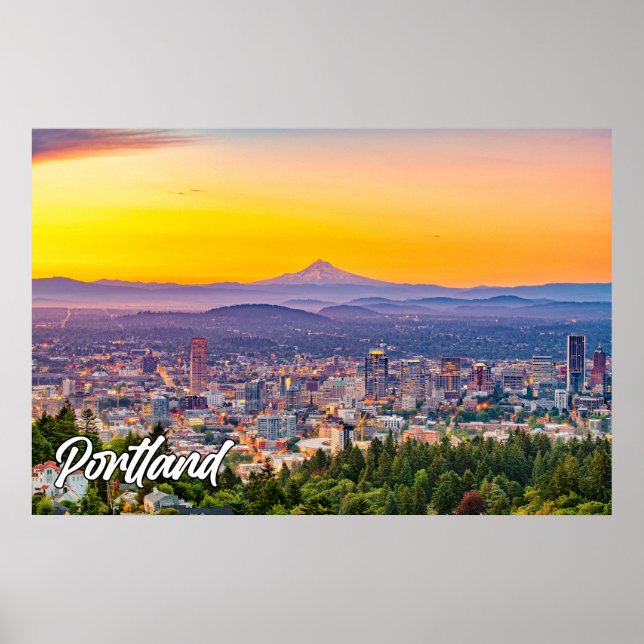 Affiche Portland, Oregon, Au coucher du soleil (Devant)