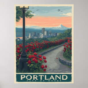 Affiche Portland Ville de Rose - Jardin Rose et Skyline