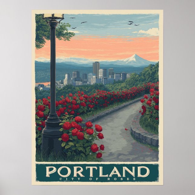 Affiche Portland Ville de Rose - Jardin Rose et Skyline (Devant)