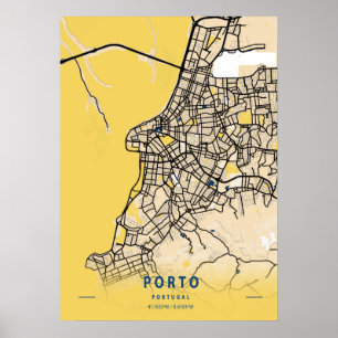 Affiche Porto - Portugal Carte de la ville jaune
