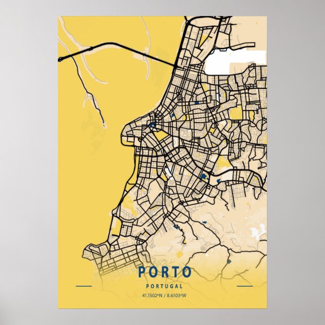 Affiche Porto - Portugal Carte de la ville jaune (Devant)