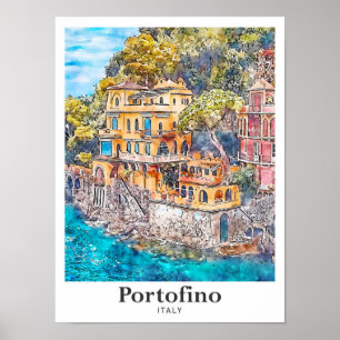 Affiche Portofino Italie Voyage Aquarelle main tirée
