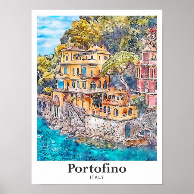 Affiche Portofino Italie Voyage Aquarelle main tirée (Devant)