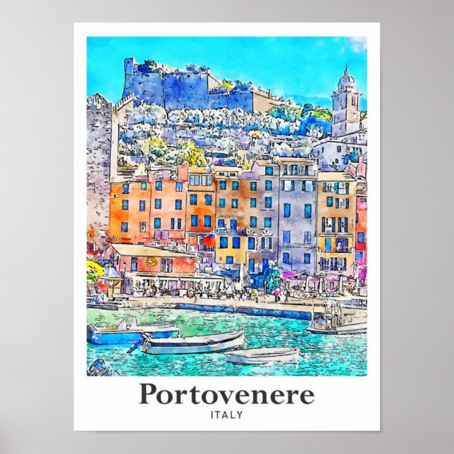 Affiche Portovenere Italie Voyage Aquarelle main tirée (Devant)