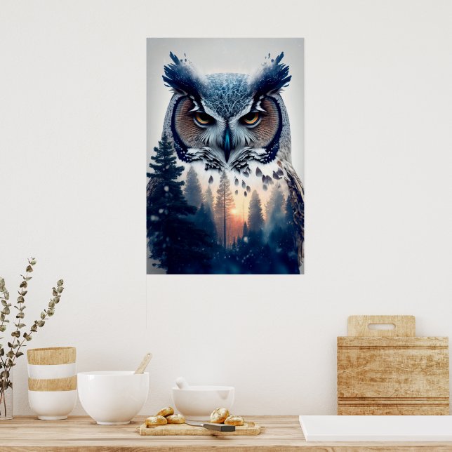 Affiche Portrait à double exposition d'un hibou et d'une b (Cuisine)
