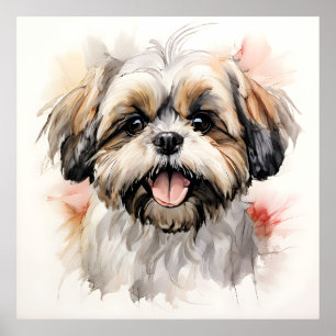 Affiche Portrait à l'encre d'un chiot Shih-tzu heureux