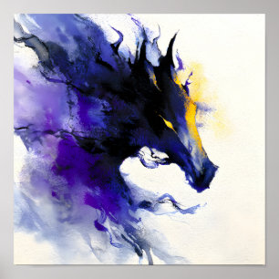 Affiche Portrait abstrait de cheval noir à l'aquarelle