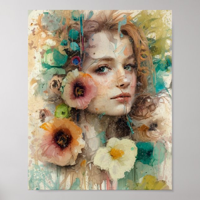 Affiche Portrait Abstrait de femme de fleurs (Devant)