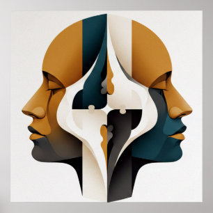 Affiche Portrait Abstrait Symétrique en Ocre et Ardoise