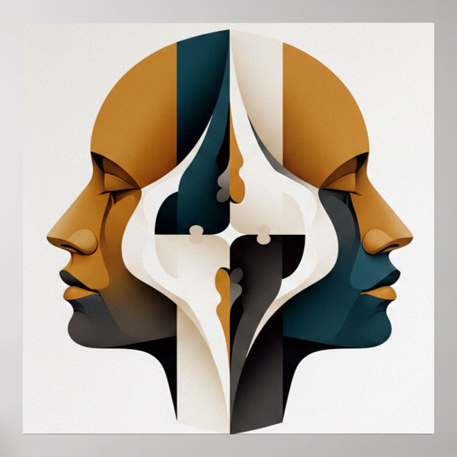 Affiche Portrait Abstrait Symétrique en Ocre et Ardoise (Devant)