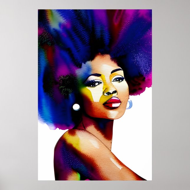Affiche Portrait Afro Noir femme Afro Aquarelle IV (Devant)