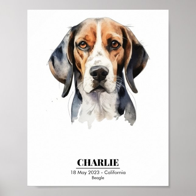 Affiche Portrait aquarelle de Beagle avec nom personnalisé (Devant)