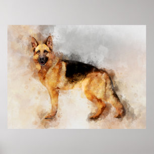 Affiche Portrait aquarelle de berger allemand 02
