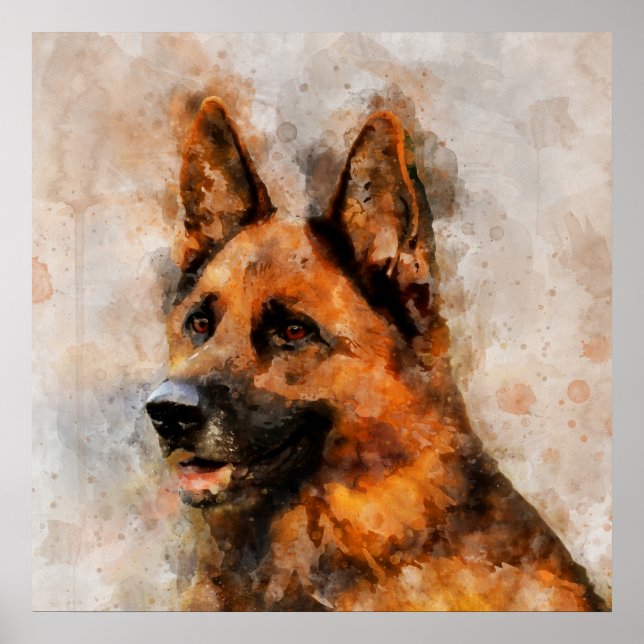 Affiche Portrait aquarelle de Berger Allemand 04 (Devant)