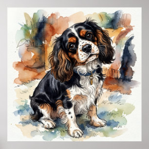 Affiche Portrait aquarelle de Cavalier King Charles Spanie