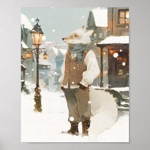 Affiche Portrait aquarelle du renard arctique enneigé avec