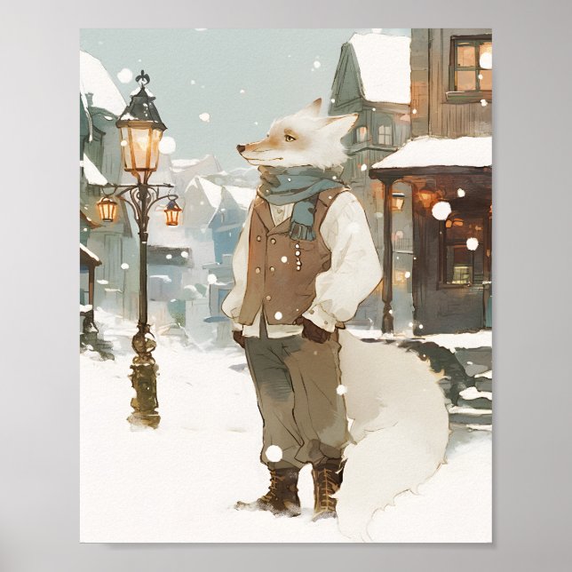 Affiche Portrait aquarelle du renard arctique enneigé avec (Devant)