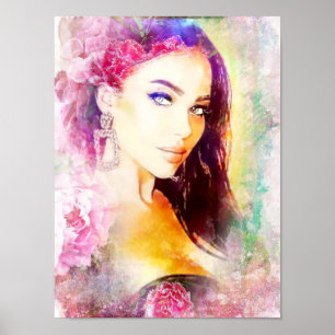 Affiche Portrait aquarelle femme fleur
