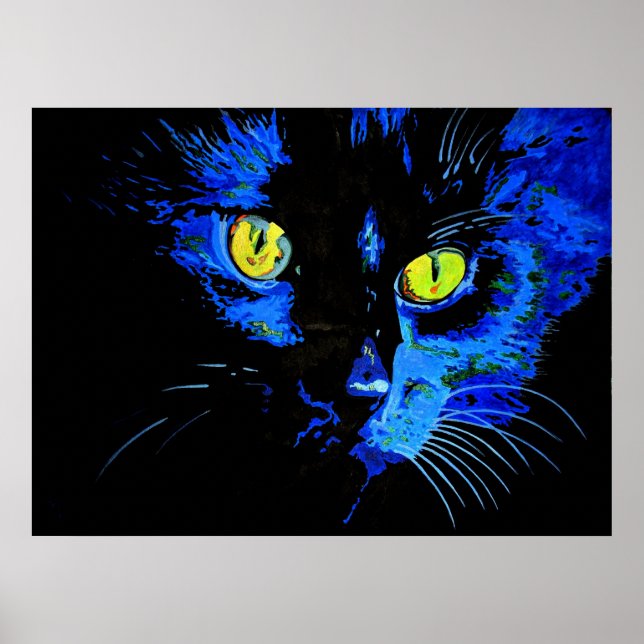 Affiche Portrait Artistique Chat Noir Avec Frappe Jaune E (Devant)