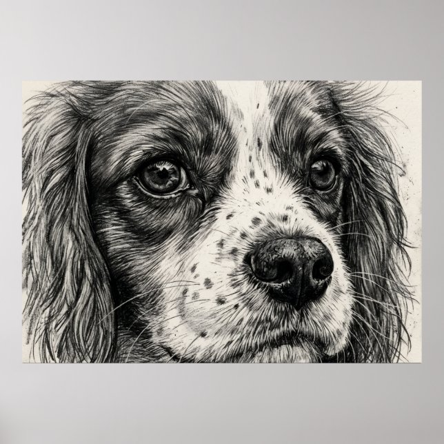 Affiche Portrait au crayon graphite de Cavalier King Charl (Devant)