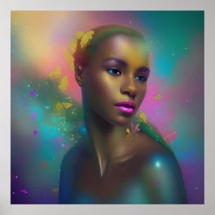 Affiche Portrait coloré papillon bleu rose violet fille