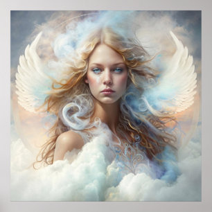 Affiche Portrait d'ange blond aux ailes blanches et aux nu