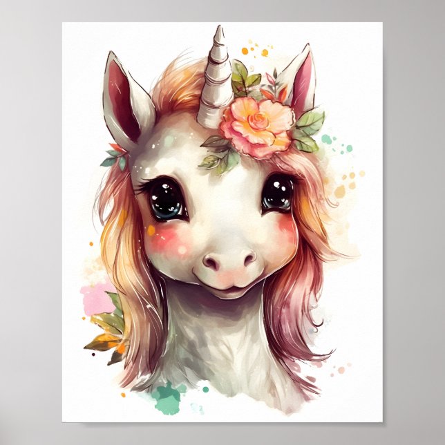 Affiche Portrait D'Aquarelle Cute Unicorn Avec Fleurs (Devant)