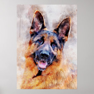 Affiche Portrait d'aquarelle de chien berger allemand 01