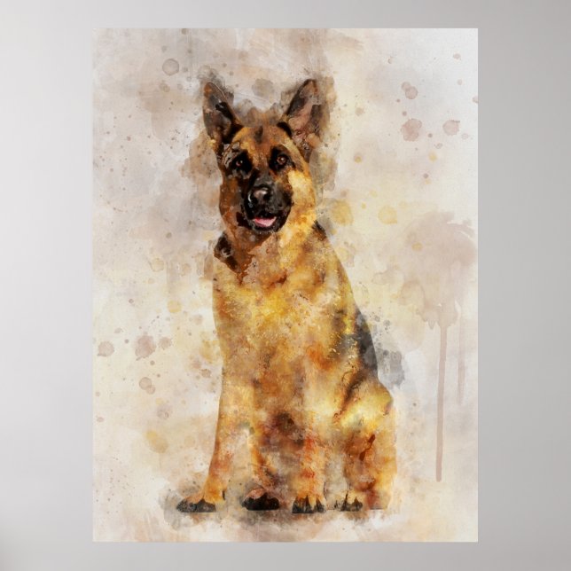 Affiche Portrait d'aquarelle de chien berger allemand 03 (Devant)