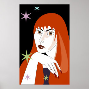 Affiche Portrait d'art de femme rousse rétro à la mode