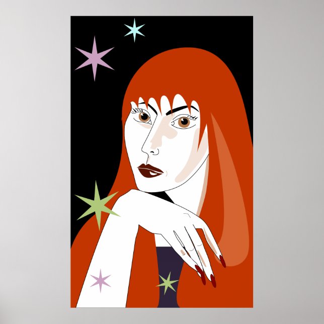 Affiche Portrait d'art de femme rousse rétro à la mode (Devant)