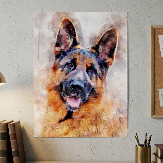 Affiche Portrait de Berger Allemand à l'aquarelle (German Shepherd Dog in Watercolor Portrait. Poster)