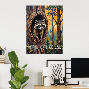 Affiche Portrait de bois : Raccoon dans un nid d'oiseaux