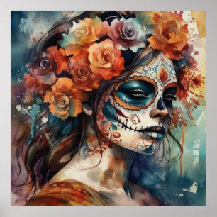 Affiche Portrait de Catrina Día de los Muertos à l'aquarel