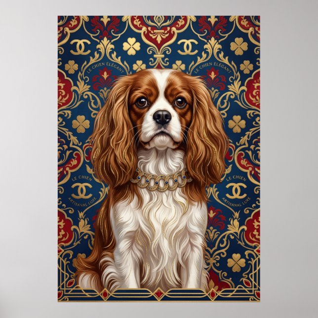 Affiche Portrait de Cavalier Spaniel Blenheim sur Damas Or (Devant)