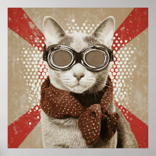 Affiche Portrait de chat au foulard et aux lunettes rétro