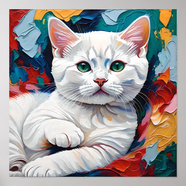 Affiche Portrait de chat blanc dans des couleurs abstraite (Devant)