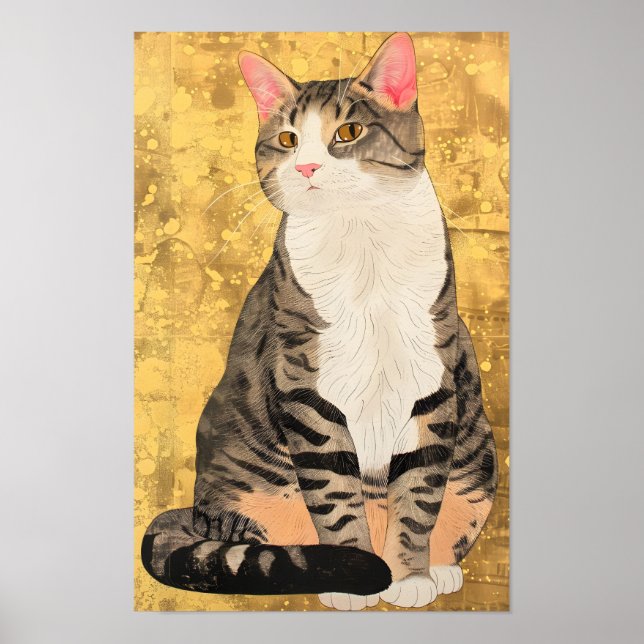 Affiche Portrait de chat blanc gris vintage (Devant)