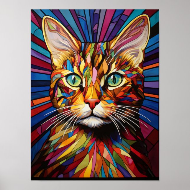 Affiche Portrait de chat couleur vitrail psychédélique Ar (Devant)