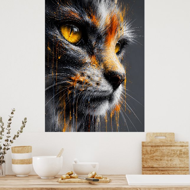 Affiche Portrait de chat d'art éclaboussé vibrant orange e (Cuisine)