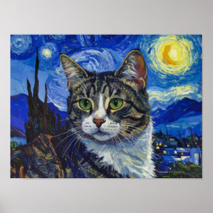 Affiche Portrait de chat de Vincent Van Gogh Nuit étoilée